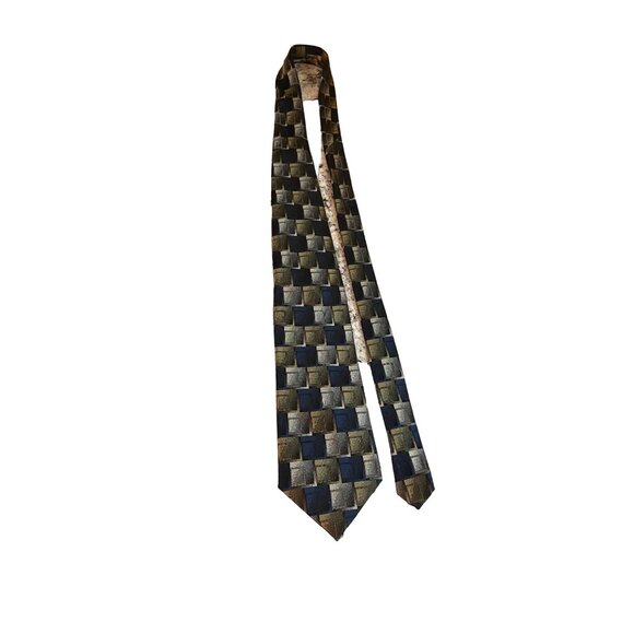 Axis Mens Silk Neck Tie Blue Gray Gold Squares Geometric Work Dad Gift - Picture 1 of 7